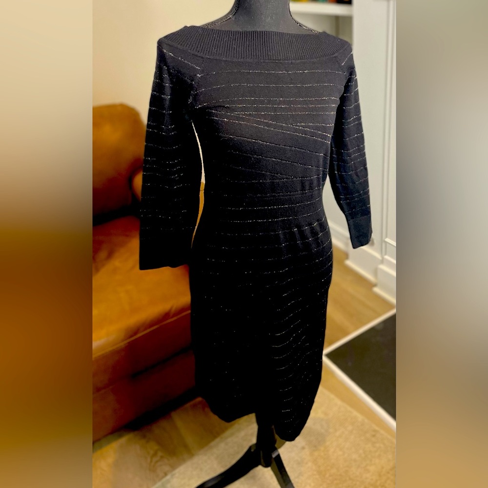 White House Black Market thin black ribbed sweater dress w/ light sparkle